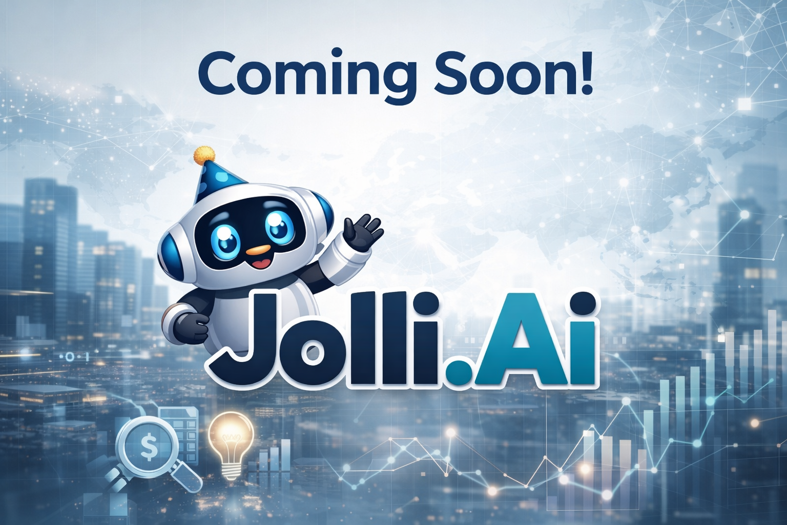 Jolli.AI Coming Soon announcement featuring the Jolli robot mascot waving, with a modern cityscape background and the Jolli.AI logo